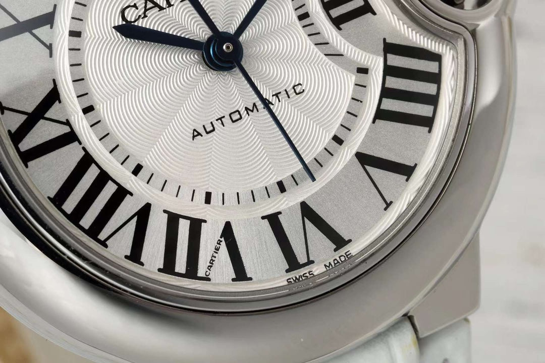 BALLON BLEU DE CARTIER 33 MM WATCH SILVER CASE WITH WHITE LEATHER STRAP