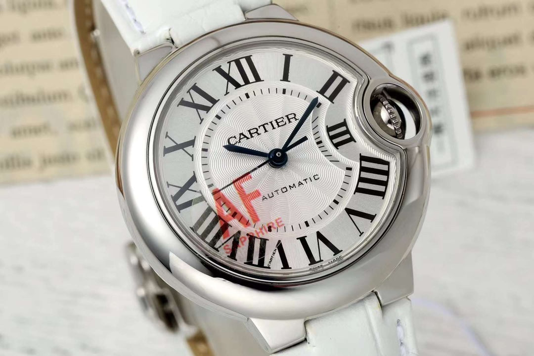 BALLON BLEU DE CARTIER 33 MM WATCH SILVER CASE WITH WHITE LEATHER STRAP