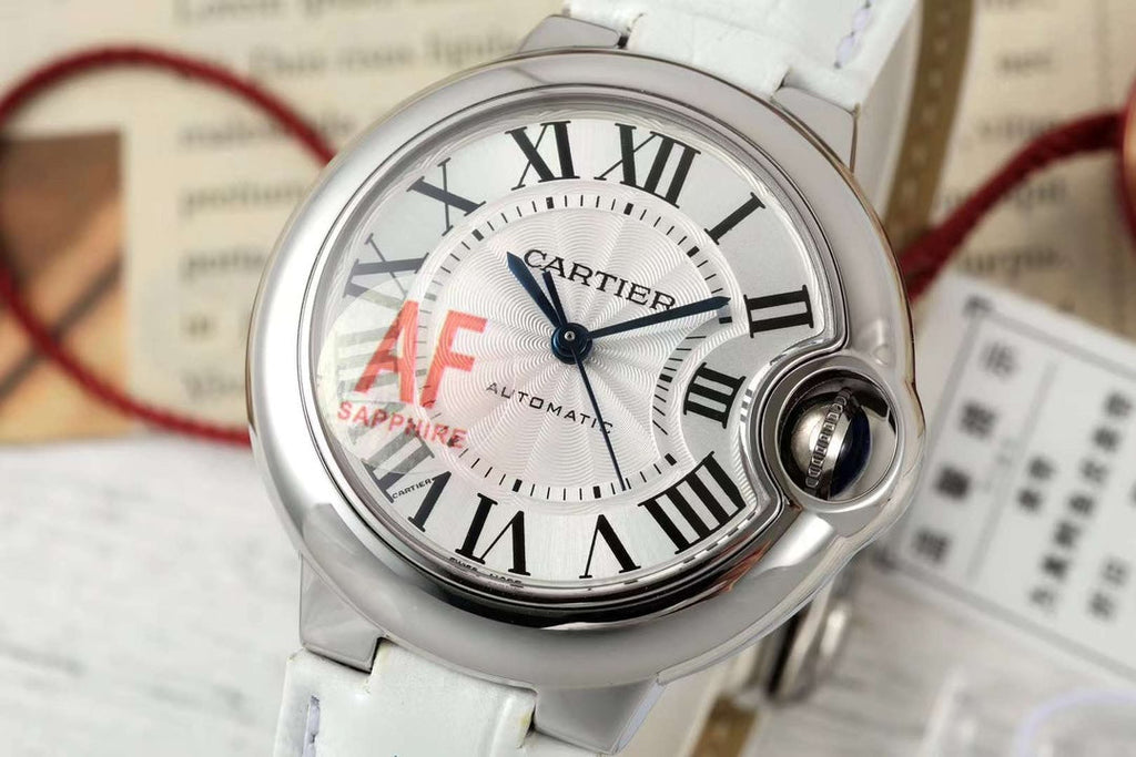 BALLON BLEU DE CARTIER 33 MM WATCH SILVER CASE WITH WHITE LEATHER STRAP
