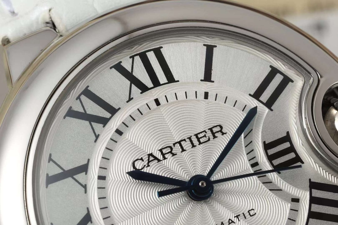 BALLON BLEU DE CARTIER 33 MM WATCH SILVER CASE WITH WHITE LEATHER STRAP