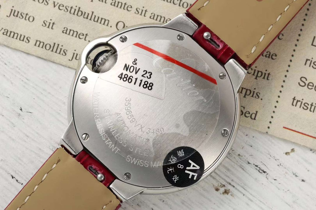 BALLON BLEU DE CARTIER 33 MM WATCH SILVER CASE WITH RUBY RED LEATHER STRAP