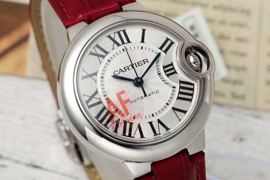 BALLON BLEU DE CARTIER 33 MM WATCH SILVER CASE WITH RUBY RED LEATHER STRAP