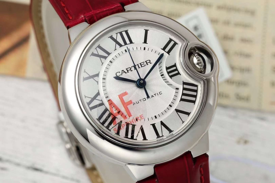 BALLON BLEU DE CARTIER 33 MM WATCH SILVER CASE WITH RUBY RED LEATHER STRAP
