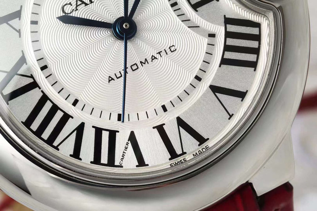 BALLON BLEU DE CARTIER 33 MM WATCH SILVER CASE WITH RUBY RED LEATHER STRAP