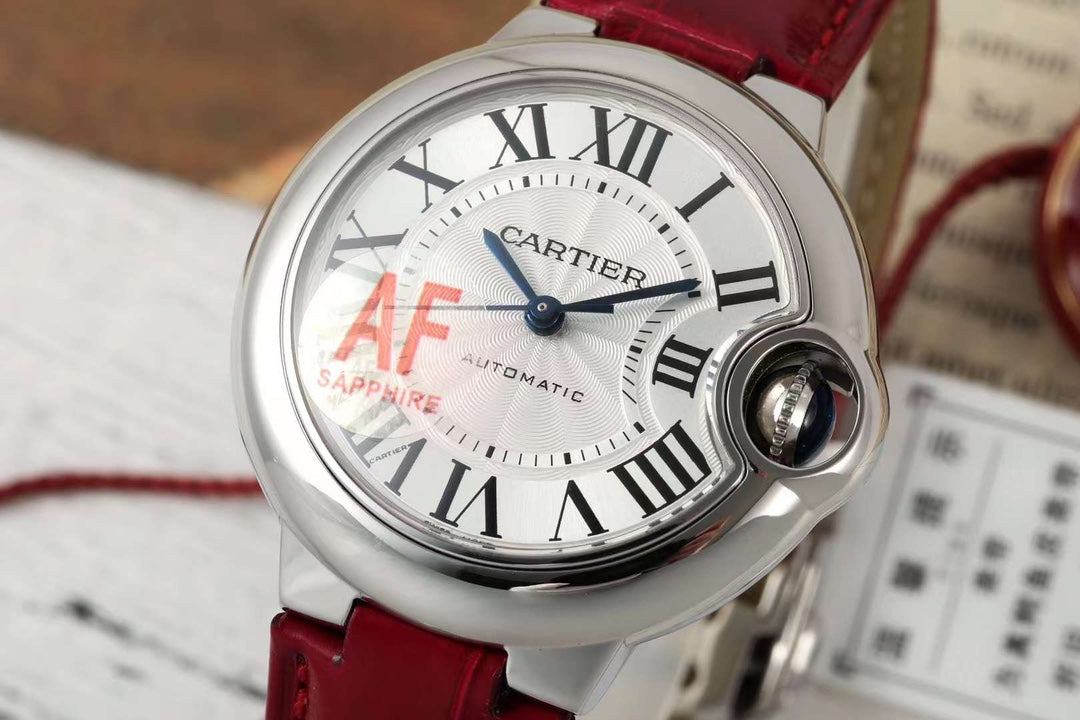 BALLON BLEU DE CARTIER 33 MM WATCH SILVER CASE WITH RUBY RED LEATHER STRAP