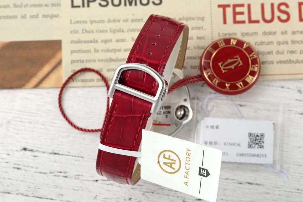 BALLON BLEU DE CARTIER 33 MM WATCH SILVER CASE WITH RUBY RED LEATHER STRAP