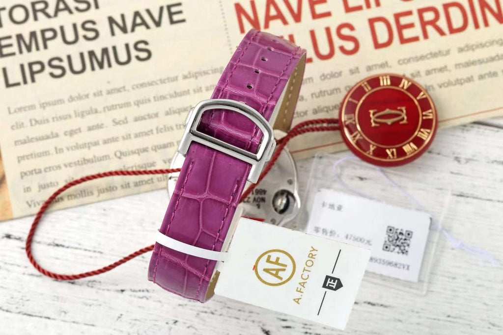 BALLON BLEU DE CARTIER 33 MM WATCH SILVER CASE WITH MAGENTA PURPLE LEATHER STRAP