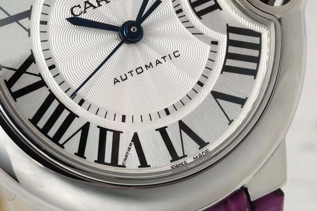 BALLON BLEU DE CARTIER 33 MM WATCH SILVER CASE WITH MAGENTA PURPLE LEATHER STRAP