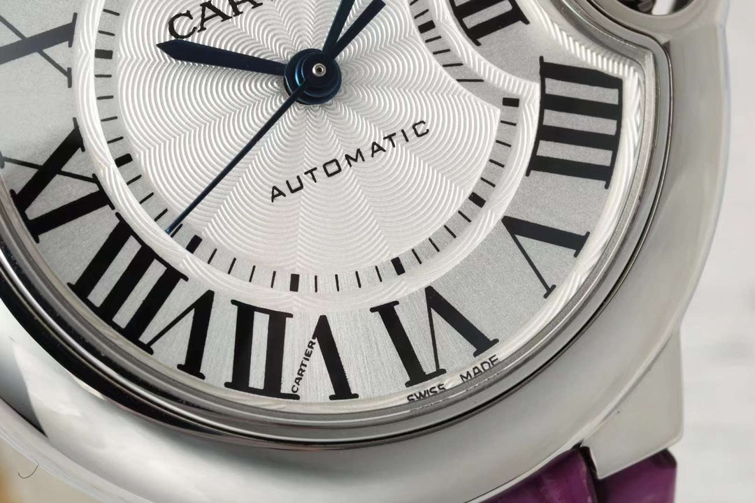 BALLON BLEU DE CARTIER 33 MM WATCH SILVER CASE WITH MAGENTA PURPLE LEATHER STRAP