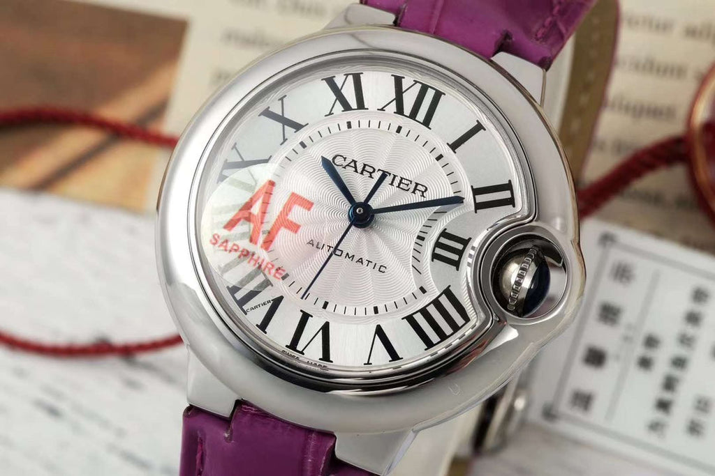 BALLON BLEU DE CARTIER 33 MM WATCH SILVER CASE WITH MAGENTA PURPLE LEATHER STRAP