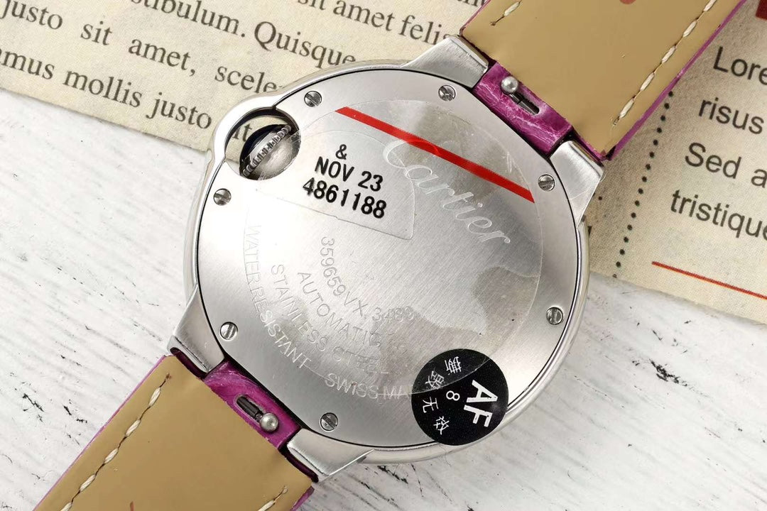 BALLON BLEU DE CARTIER 33 MM WATCH SILVER CASE WITH MAGENTA PURPLE LEATHER STRAP