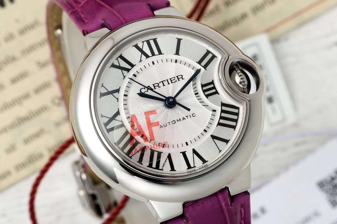 BALLON BLEU DE CARTIER 33 MM WATCH SILVER CASE WITH MAGENTA PURPLE LEATHER STRAP