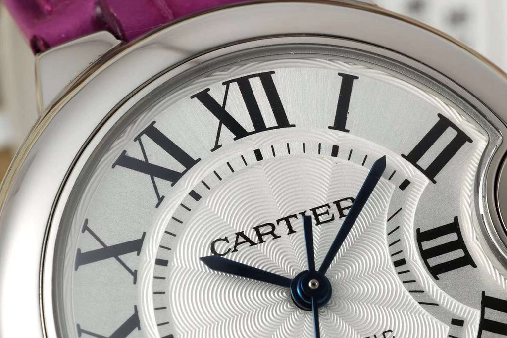 BALLON BLEU DE CARTIER 33 MM WATCH SILVER CASE WITH MAGENTA PURPLE LEATHER STRAP