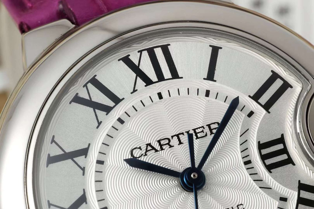 BALLON BLEU DE CARTIER 33 MM WATCH SILVER CASE WITH MAGENTA PURPLE LEATHER STRAP