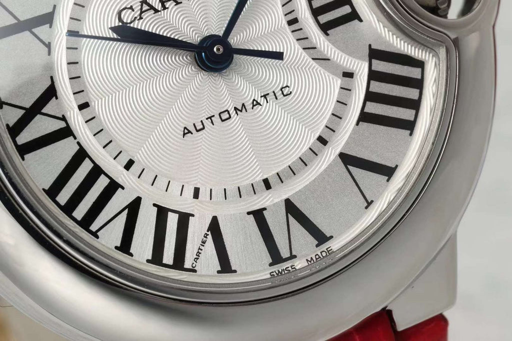 BALLON BLEU DE CARTIER 33 MM WATCH SILVER CASE WITH CRIMSON RED LEATHER STRAP