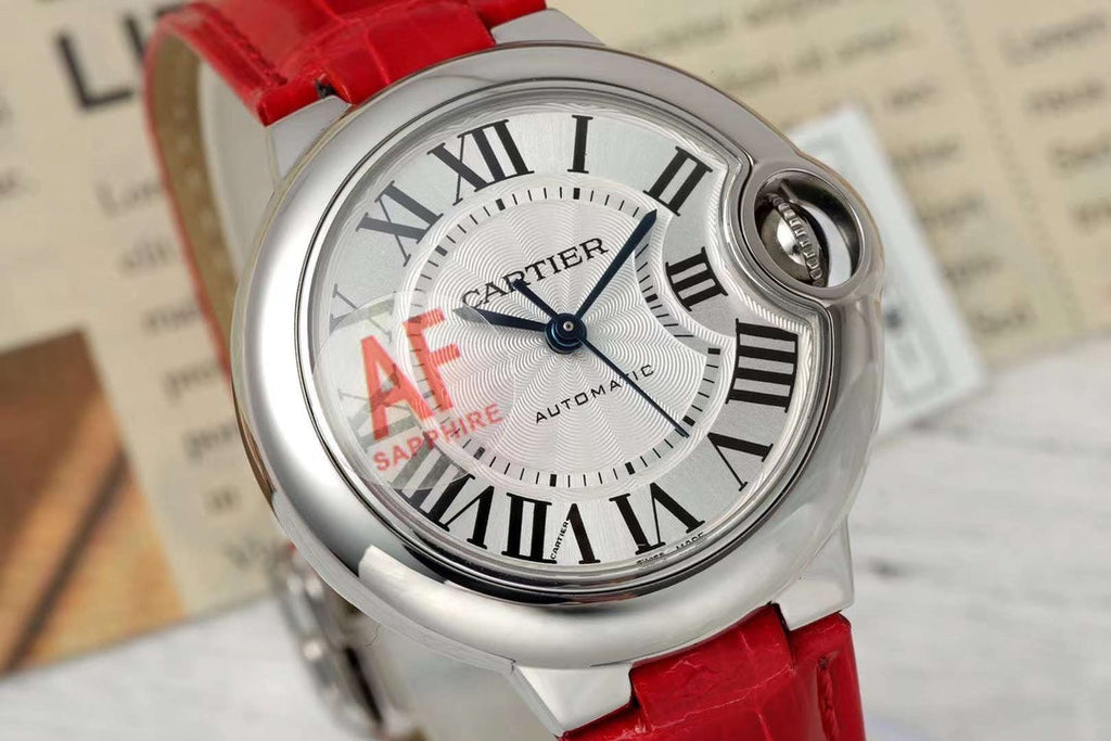 BALLON BLEU DE CARTIER 33 MM WATCH SILVER CASE WITH CRIMSON RED LEATHER STRAP