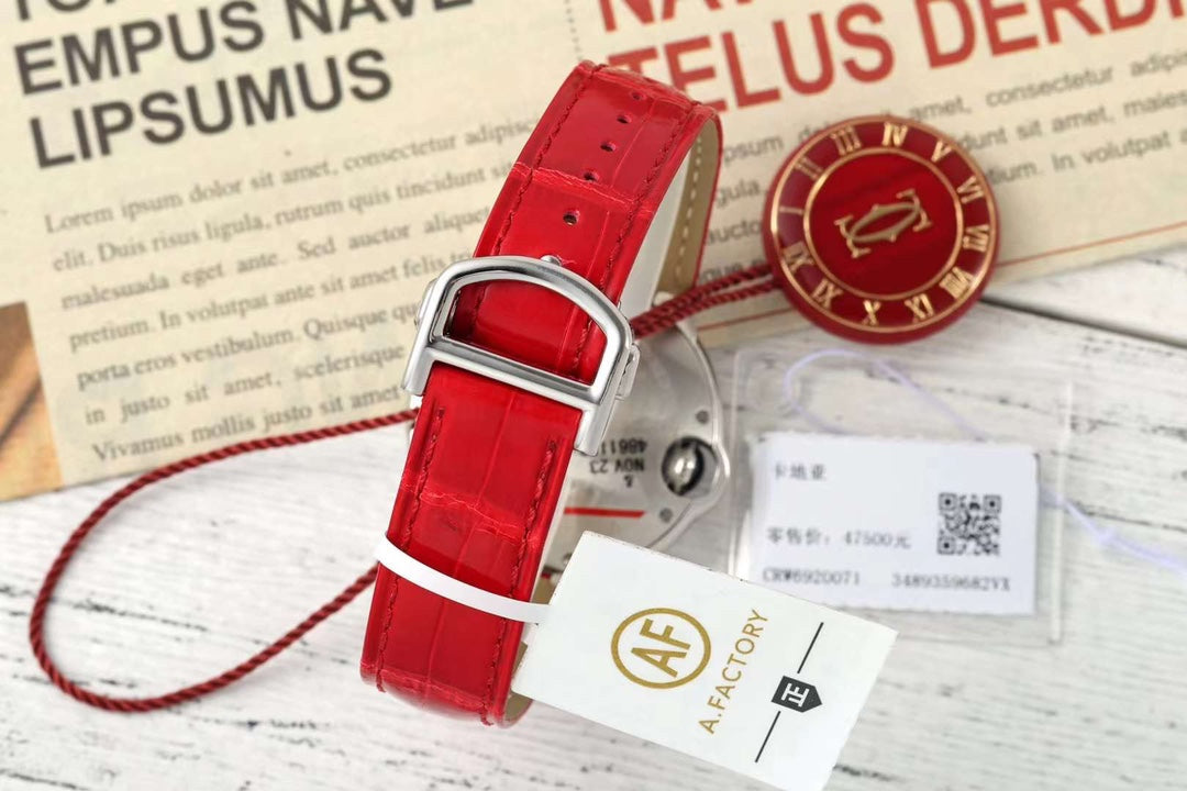 BALLON BLEU DE CARTIER 33 MM WATCH SILVER CASE WITH CRIMSON RED LEATHER STRAP
