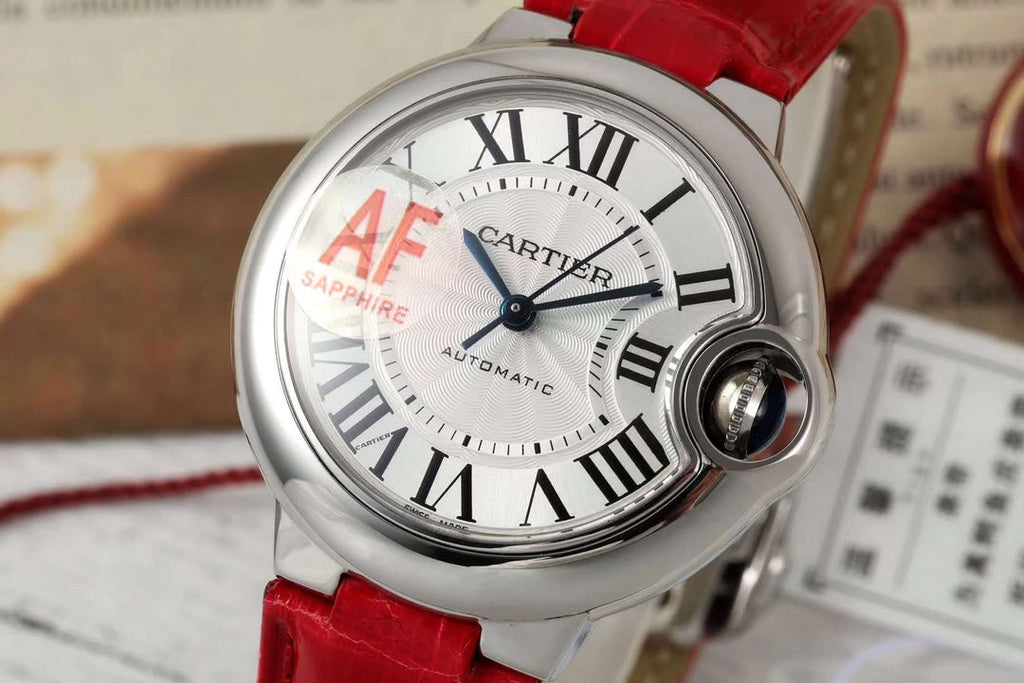 BALLON BLEU DE CARTIER 33 MM WATCH SILVER CASE WITH CRIMSON RED LEATHER STRAP