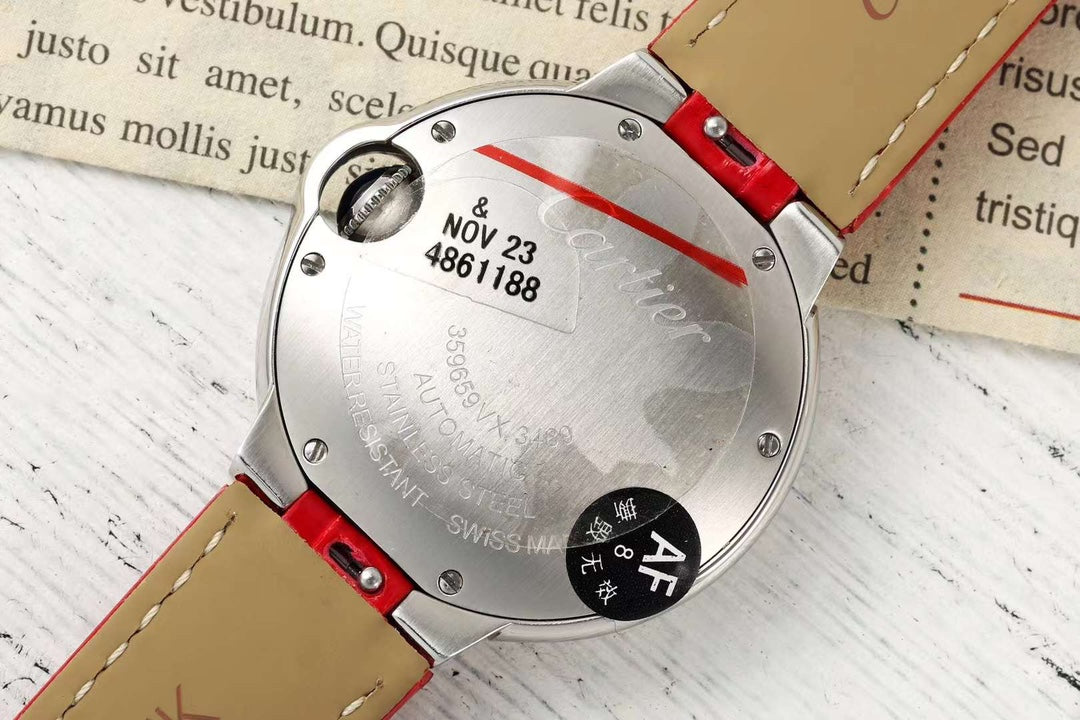 BALLON BLEU DE CARTIER 33 MM WATCH SILVER CASE WITH CRIMSON RED LEATHER STRAP