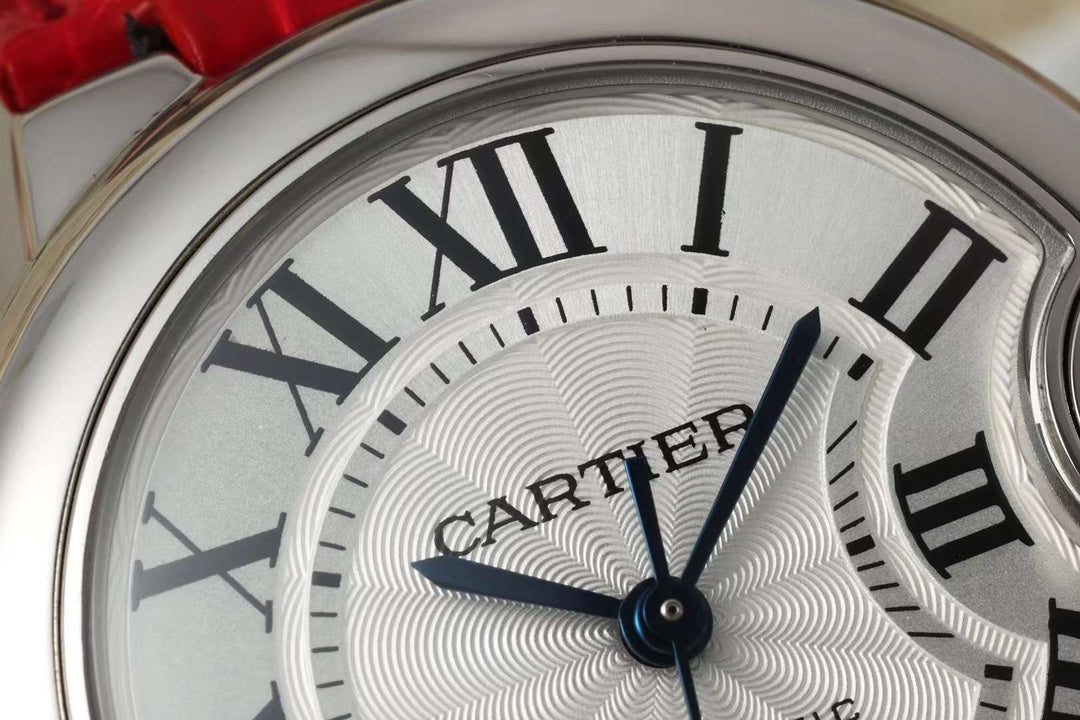 BALLON BLEU DE CARTIER 33 MM WATCH SILVER CASE WITH CRIMSON RED LEATHER STRAP