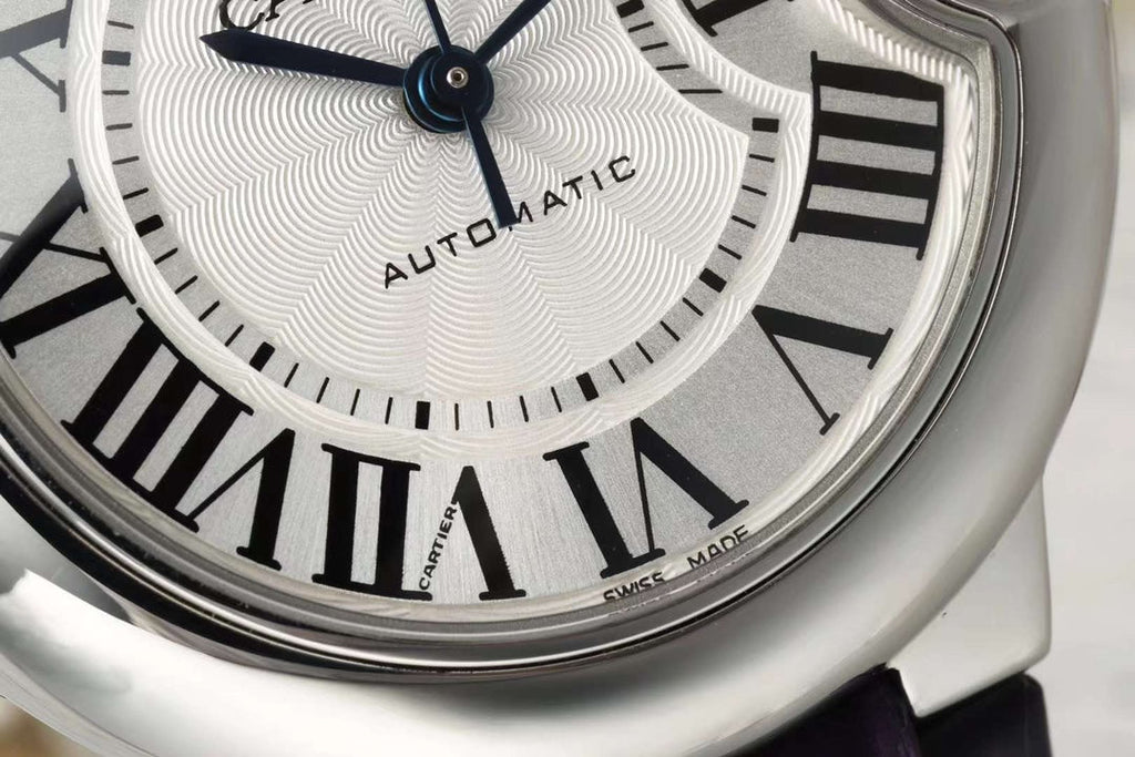BALLON BLEU DE CARTIER 33 MM WATCH SILVER CASE WITH DEEP VIOLET LEATHER STRAP