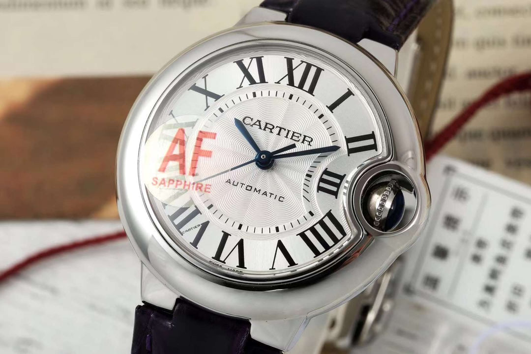 BALLON BLEU DE CARTIER 33 MM WATCH SILVER CASE WITH DEEP VIOLET LEATHER STRAP