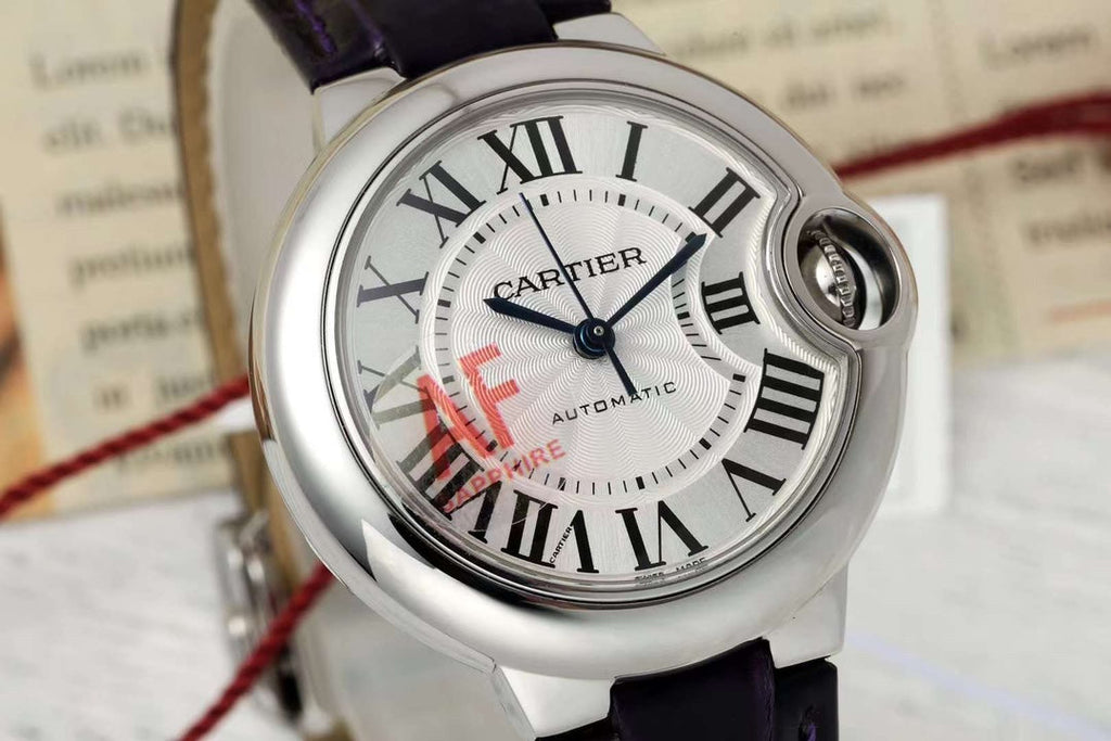 BALLON BLEU DE CARTIER 33 MM WATCH SILVER CASE WITH DEEP VIOLET LEATHER STRAP