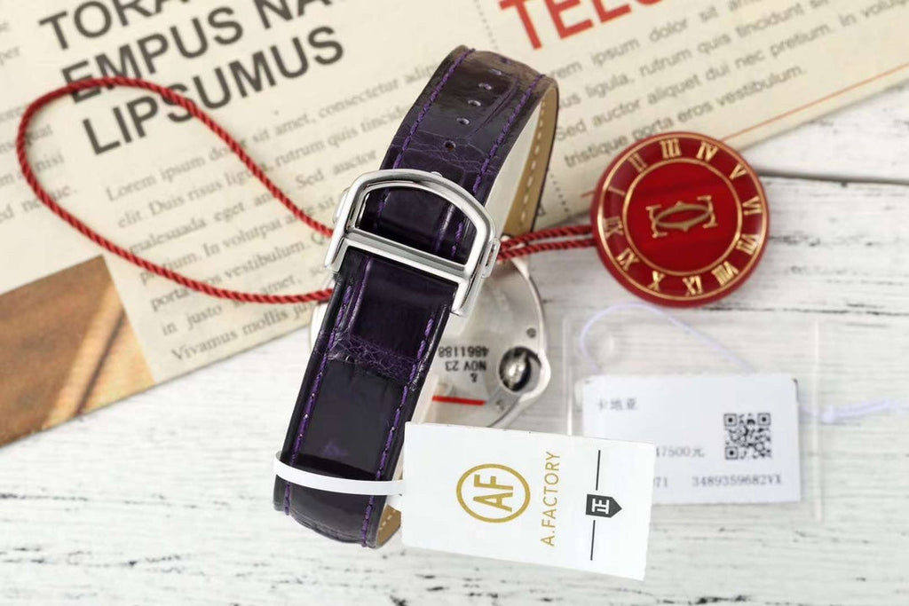 BALLON BLEU DE CARTIER 33 MM WATCH SILVER CASE WITH DEEP VIOLET LEATHER STRAP
