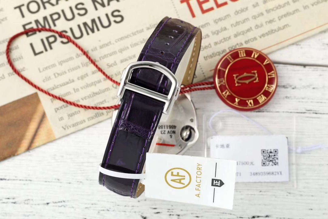 BALLON BLEU DE CARTIER 33 MM WATCH SILVER CASE WITH DEEP VIOLET LEATHER STRAP