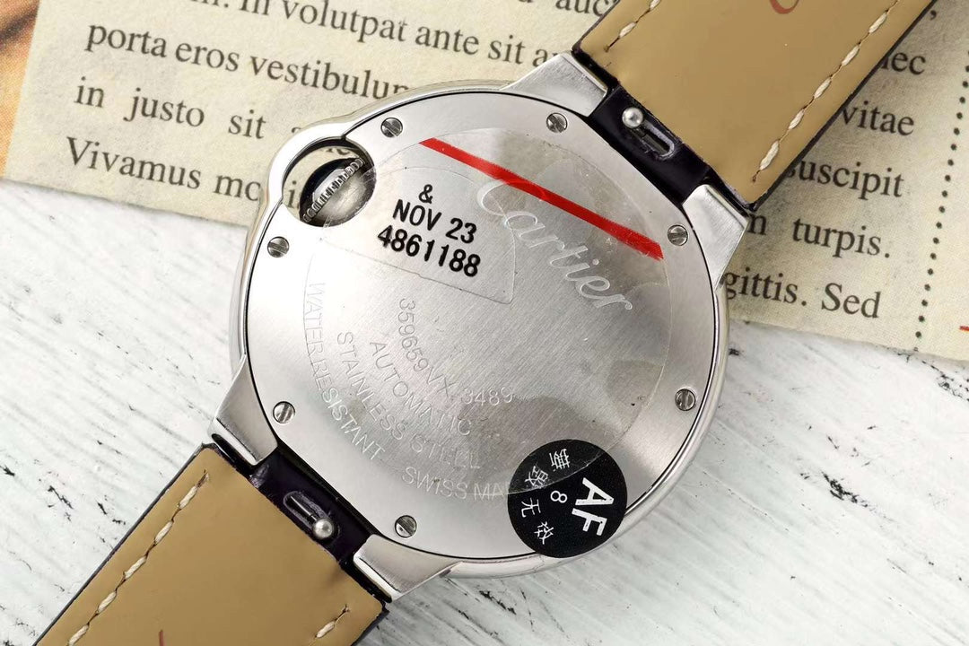 BALLON BLEU DE CARTIER 33 MM WATCH SILVER CASE WITH DEEP VIOLET LEATHER STRAP