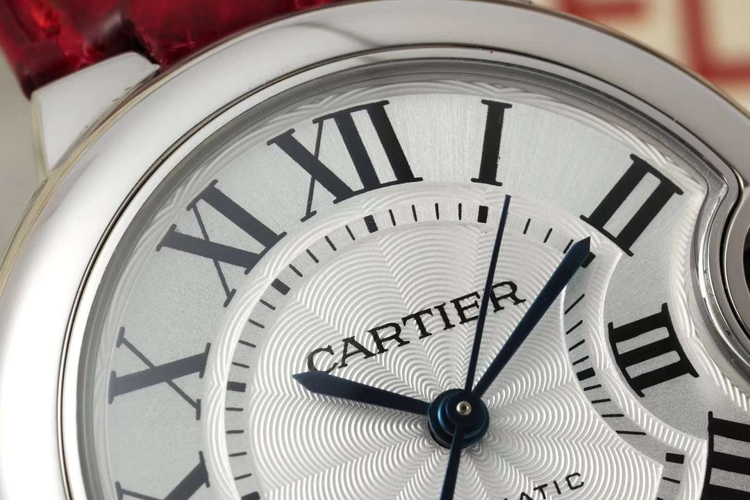 BALLON BLEU DE CARTIER 33 MM WATCH SILVER CASE WITH CHERRY RED LEATHER STRAP