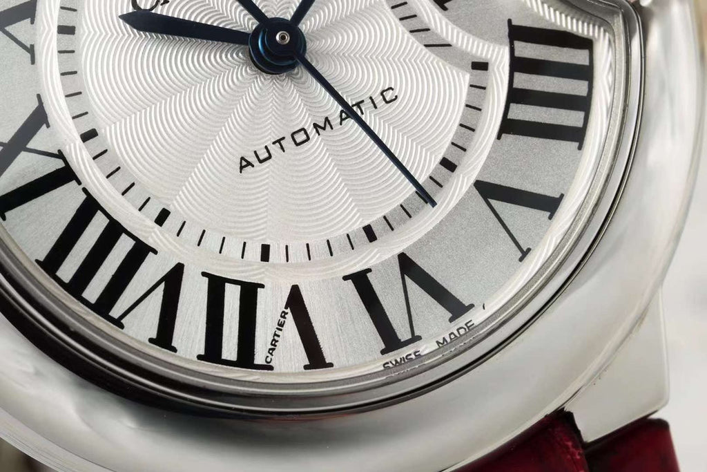 BALLON BLEU DE CARTIER 33 MM WATCH SILVER CASE WITH CHERRY RED LEATHER STRAP