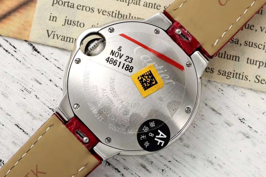 BALLON BLEU DE CARTIER 33 MM WATCH SILVER CASE WITH CHERRY RED LEATHER STRAP