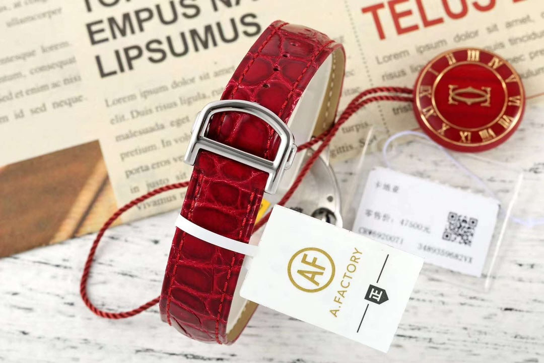 BALLON BLEU DE CARTIER 33 MM WATCH SILVER CASE WITH CHERRY RED LEATHER STRAP