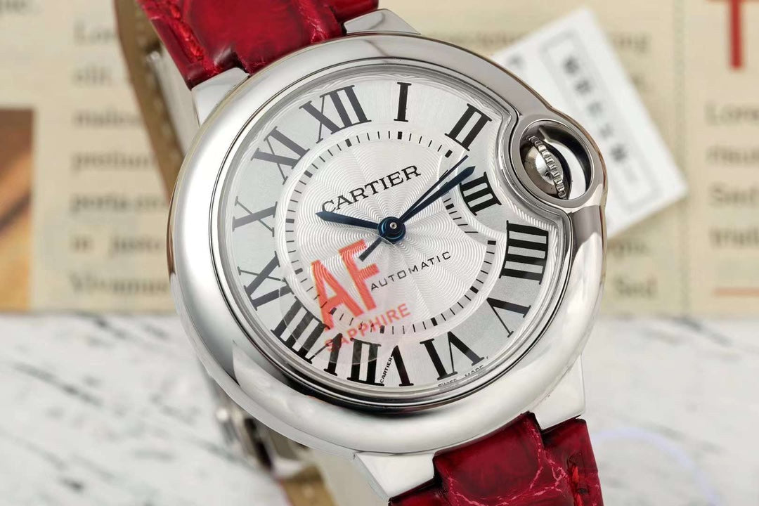 BALLON BLEU DE CARTIER 33 MM WATCH SILVER CASE WITH CHERRY RED LEATHER STRAP