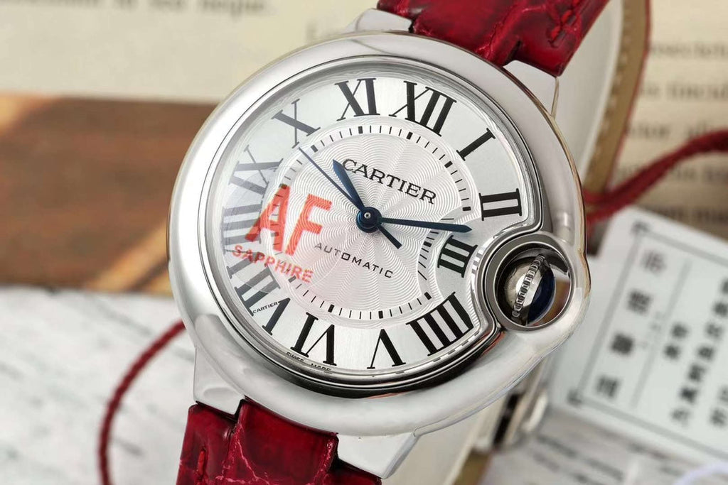BALLON BLEU DE CARTIER 33 MM WATCH SILVER CASE WITH CHERRY RED LEATHER STRAP