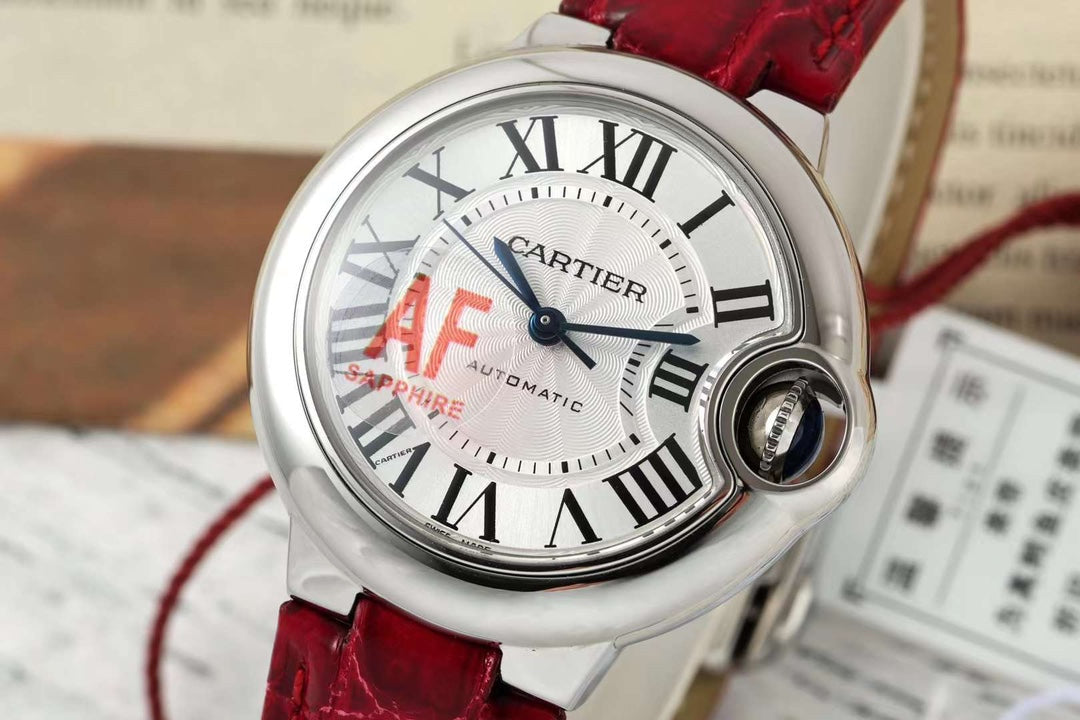 BALLON BLEU DE CARTIER 33 MM WATCH SILVER CASE WITH CHERRY RED LEATHER STRAP