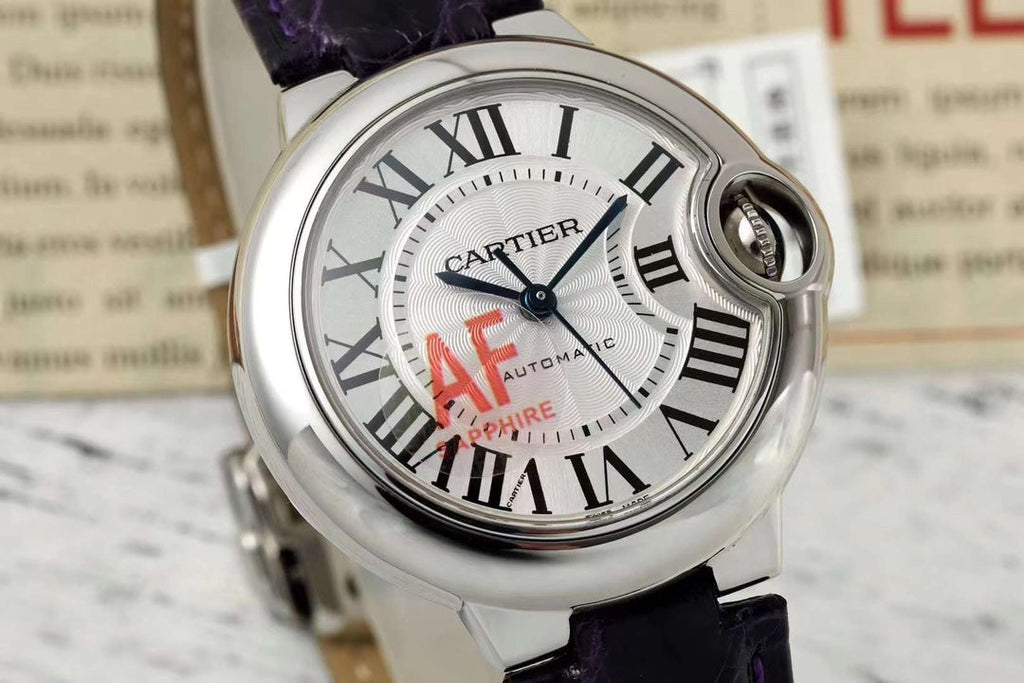 BALLON BLEU DE CARTIER 33 MM WATCH SILVER CASE WITH MIDNIGHT PURPLE LEATHER STRAP