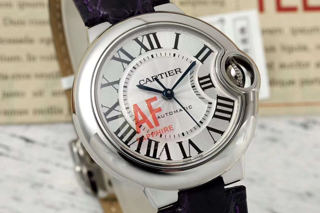 BALLON BLEU DE CARTIER 33 MM WATCH SILVER CASE WITH MIDNIGHT PURPLE LEATHER STRAP