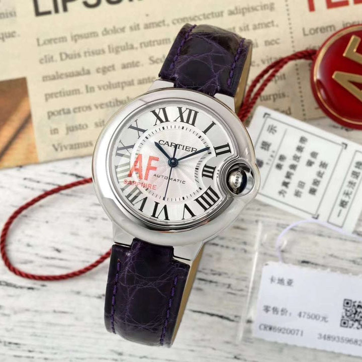 BALLON BLEU DE CARTIER 33 MM WATCH SILVER CASE WITH MIDNIGHT PURPLE LEATHER STRAP