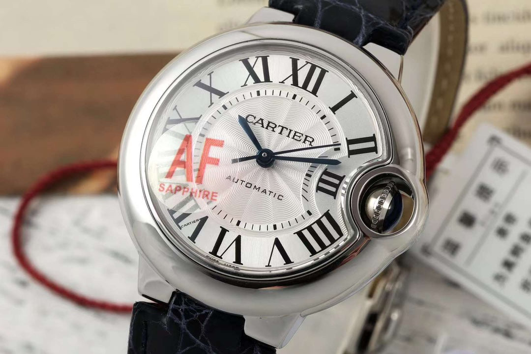 BALLON BLEU DE CARTIER 33 MM WATCH SILVER CASE WITH BLACK LEATHER STRAP