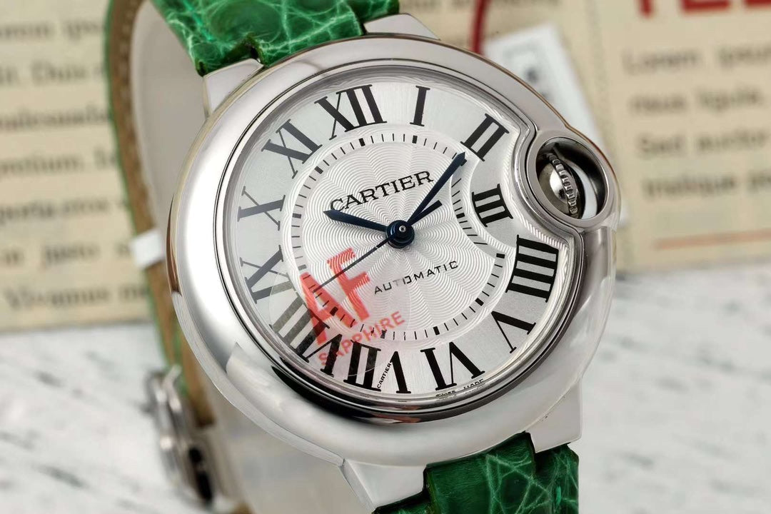 BALLON BLEU DE CARTIER 33 MM WATCH SILVER CASE WITH EMERALD GREEN LEATHER STRAP