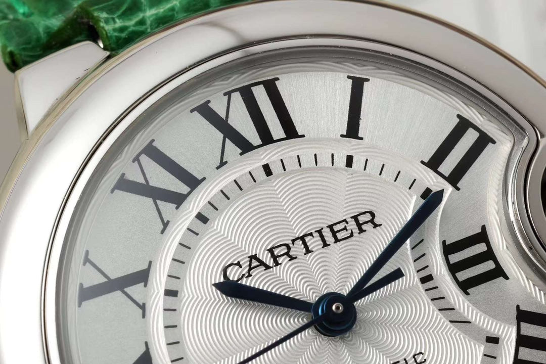 BALLON BLEU DE CARTIER 33 MM WATCH SILVER CASE WITH EMERALD GREEN LEATHER STRAP