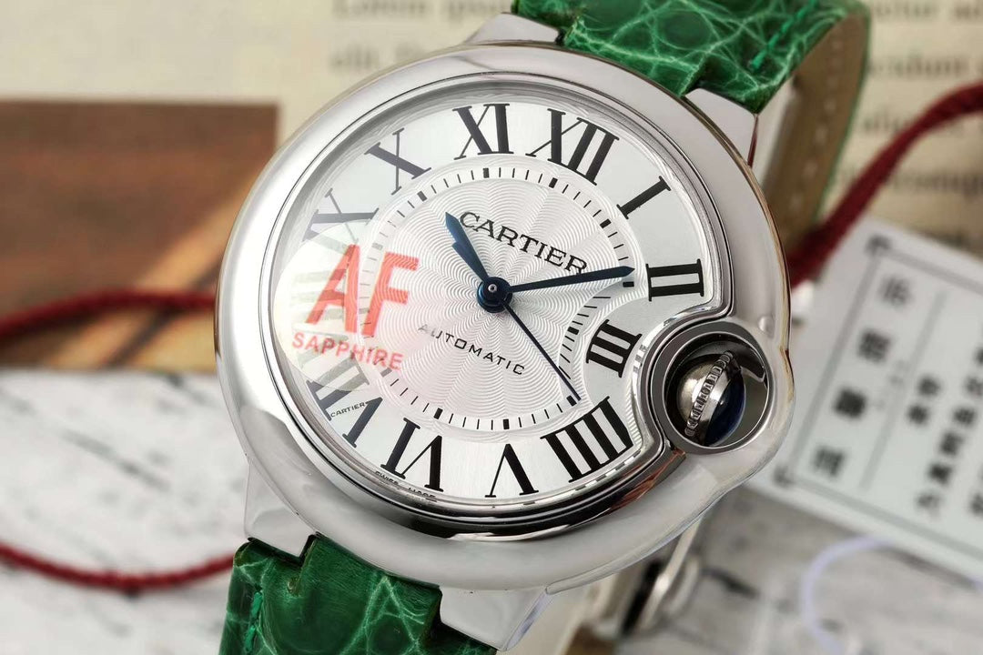 BALLON BLEU DE CARTIER 33 MM WATCH SILVER CASE WITH EMERALD GREEN LEATHER STRAP