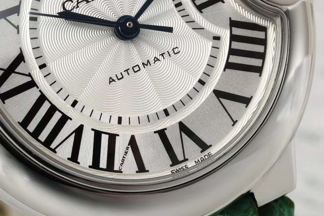 BALLON BLEU DE CARTIER 33 MM WATCH SILVER CASE WITH EMERALD GREEN LEATHER STRAP