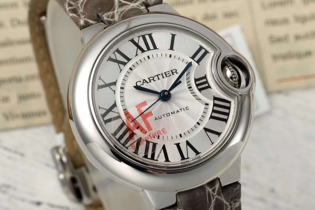 BALLON BLEU DE CARTIER 33 MM WATCH SILVER CASE WITH WENGE BROWN LEATHER STRAP