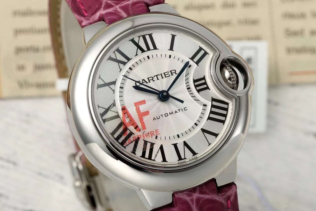 BALLON BLEU DE CARTIER 33 MM WATCH SILVER CASE WITH BRIGHT PINK LEATHER STRAP