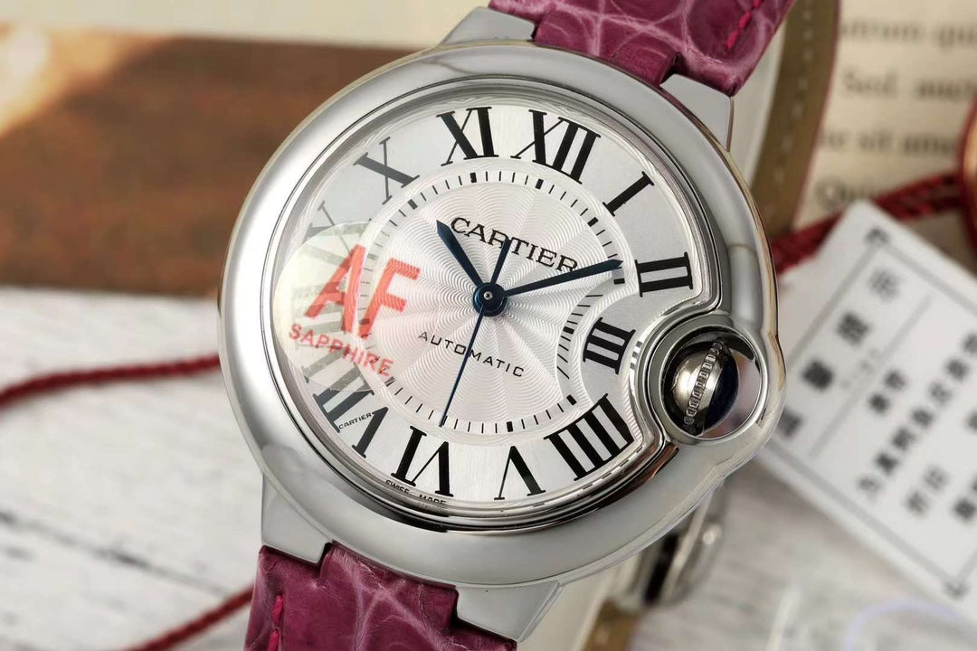 BALLON BLEU DE CARTIER 33 MM WATCH SILVER CASE WITH BRIGHT PINK LEATHER STRAP