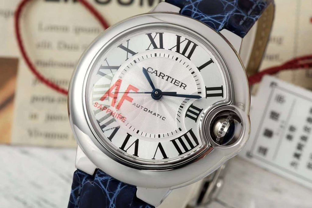 BALLON BLEU DE CARTIER 33 MM WATCH SILVER CASE WITH COBALT BLUE LEATHER STRAP