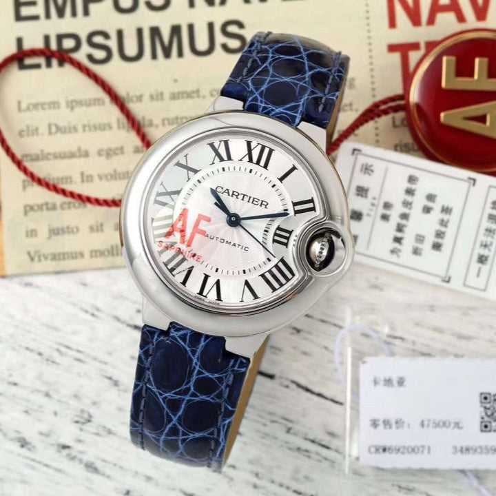 BALLON BLEU DE CARTIER 33 MM WATCH SILVER CASE WITH COBALT BLUE LEATHER STRAP